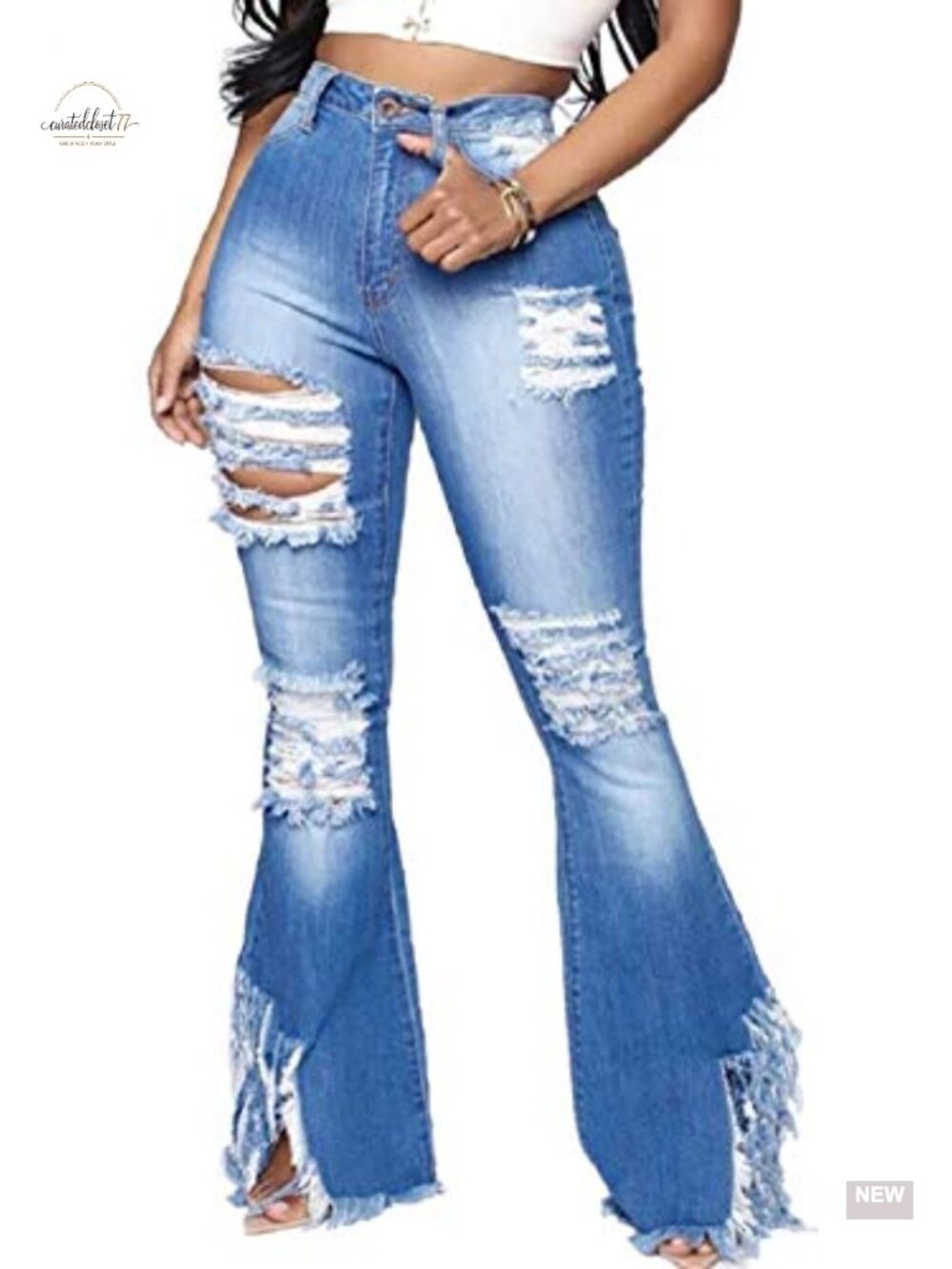 High Waisted Bell Bottom Flare Jeans Raw Hem Stretch Denim Wide Leg